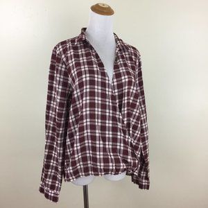 MADEWELL Dark Rust/Brown White Plaid/Checks Long Sleeve Faux Wrap Shirt